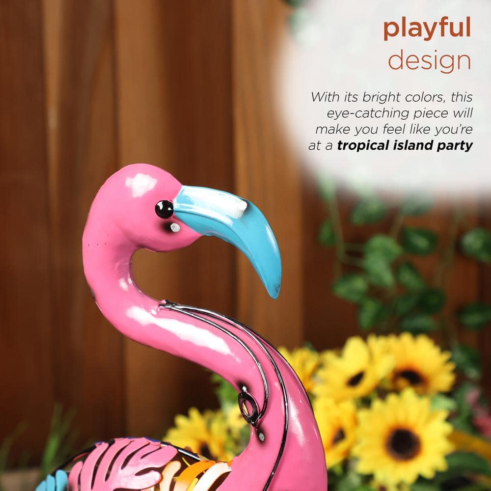 Colorful Metal Flamingo Garden Statue with Palm Leaf Design