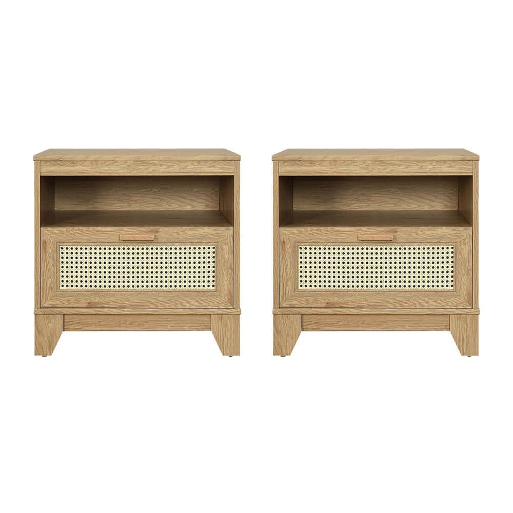 Manhattan Comfort Sheridan Nature 1-Drawer 21.63 in. W Mid-Century Modern Cane Nightstand (Set of 2)