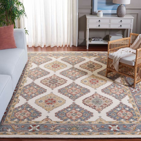 Metro 8 ft. x 10 ft. Ivory/Gray Diamond Ornate Border Area Rug
