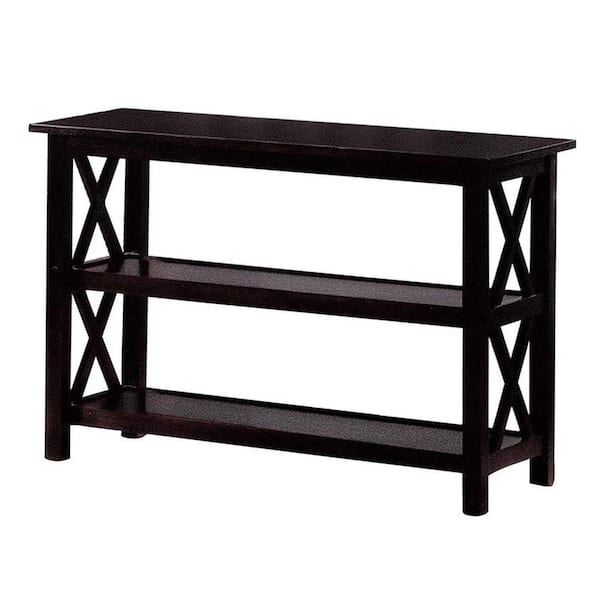 Benjara 17.25 in. Dark Brown Rectangle Wooden Console Table with Metal Accents and Wheels