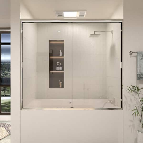 60 in. W x 56 in. H Sliding Semi Frameless Tub Door in Chrome Finish with Clear Glass