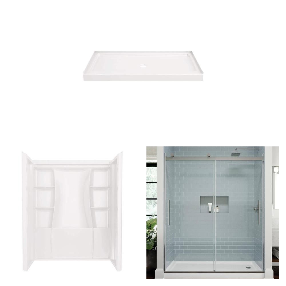 Classic 500 60 in. x 32 in. Shower Pan with Center Drain, 3-Piece Shower Surround and 59-3/8 in. Sliding Door Combo