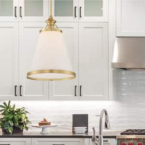 Ashmont 13 in. W x 21.25 in. H 1-Light Warm Brass Pendant Light with White Opal Glass Shade