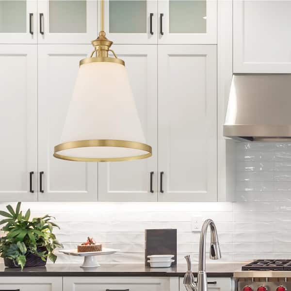 Savoy House Ashmont 13 in. W x 21.25 in. H 1-Light Warm Brass Pendant Light with White Opal Glass Shade