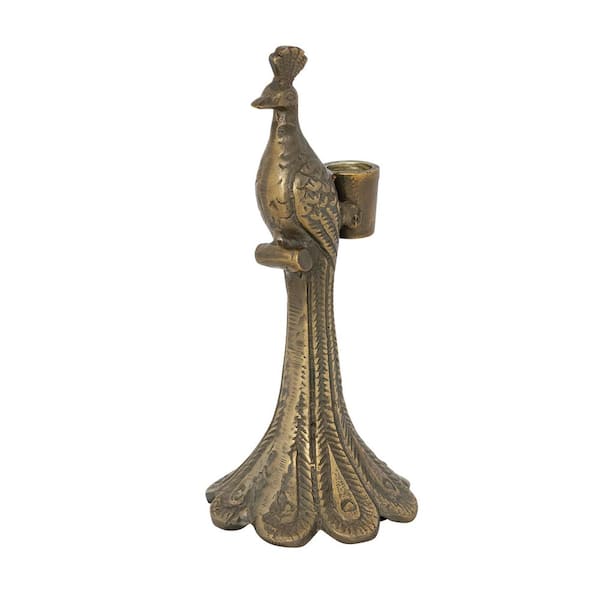 Antique Gold Cast Aluminum Peacock-Shaped Taper Candle Holder
