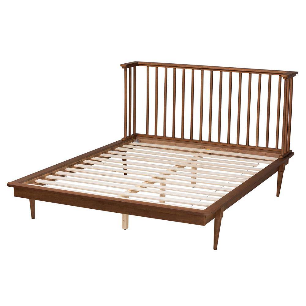 Mid-Century Modern Ash Wood King Platform Bed with Spindle Headboard