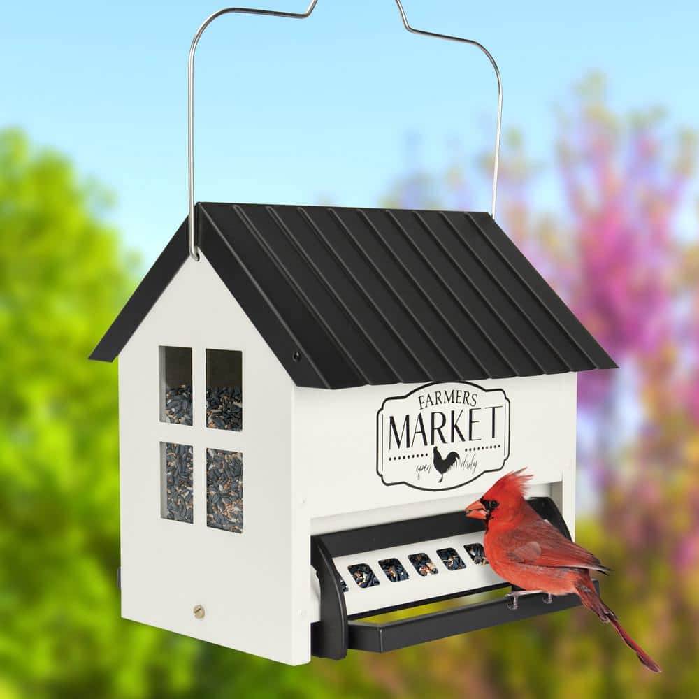 White and Black Metal Squirrel Resistant Hanging Hopper Feeder