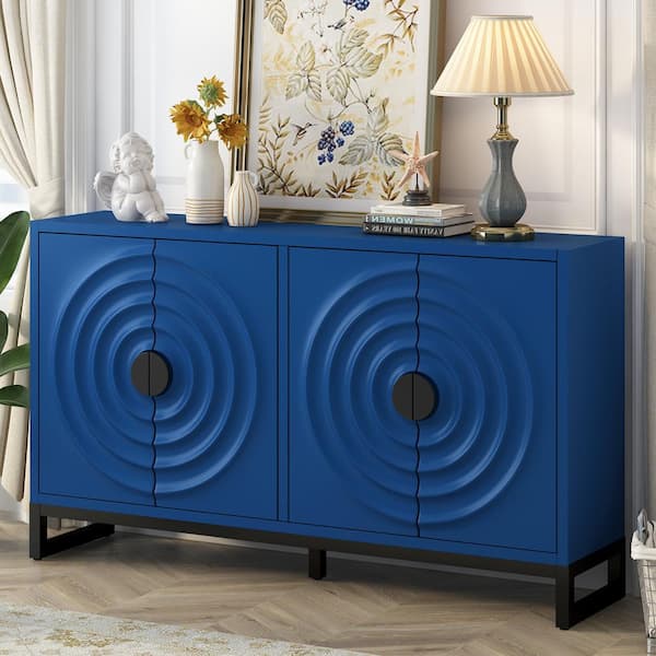 Boosicavelly Navy Blue MDF 58 in. Sideboard with Adjustable Shelves,Water Wave Design Doors