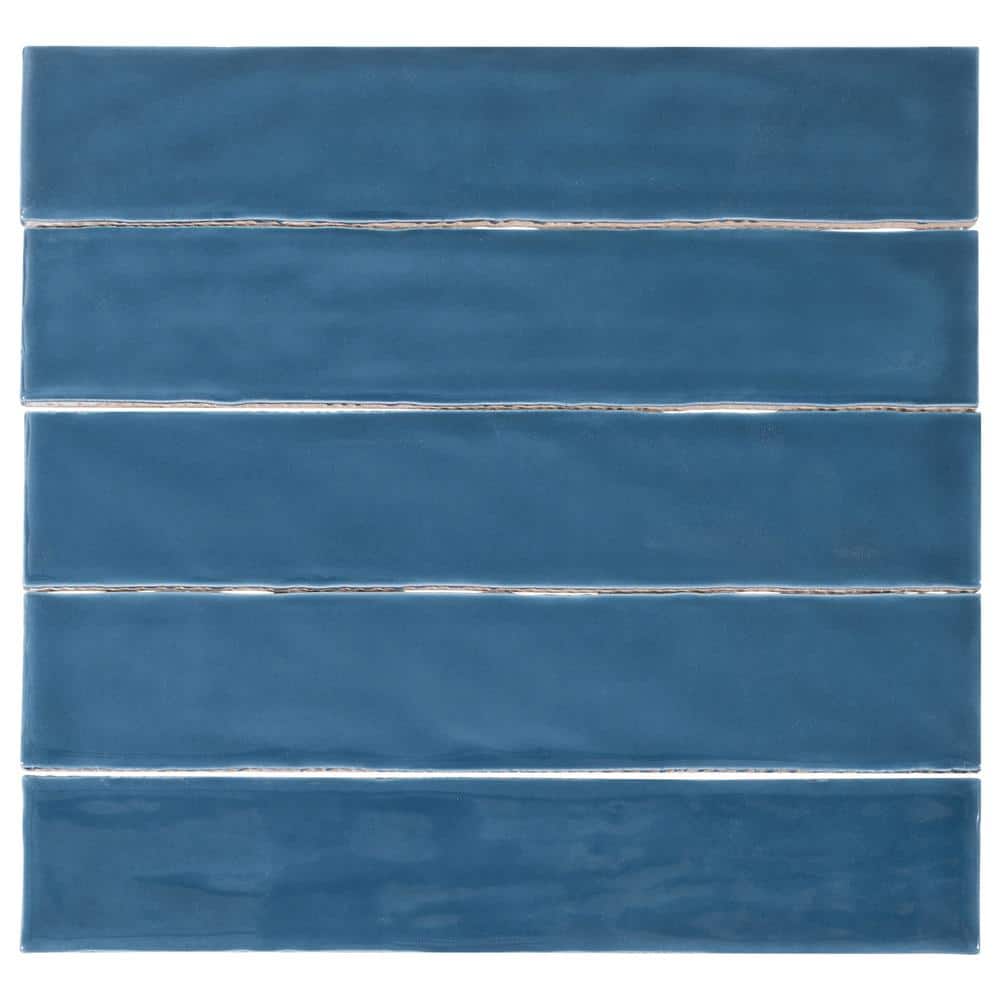 Compass Paz Blue 2 in. x 10 in. Smooth Glossy Subway Ceramic Wall Tile Samp