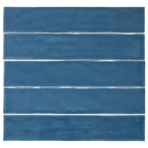 Compass Paz Blue 2 in. x 10 in. Smooth Glossy Subway Ceramic Wall Tile Sample