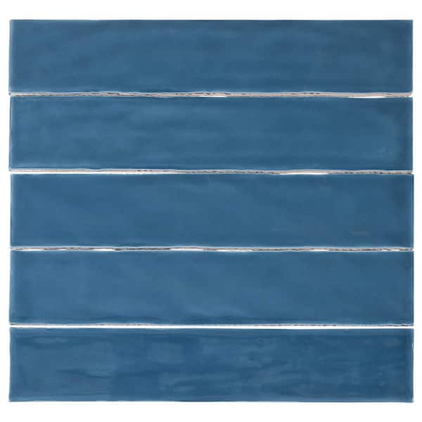 Compass Paz Blue 2 in. x 10 in. Smooth Glossy Subway Ceramic Wall Tile Sample