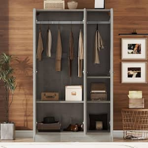 Gray Wood 41.4 in. 3-Door Wardrobe Armoire with 3 Storage Shelves and 2 Hanging Rails