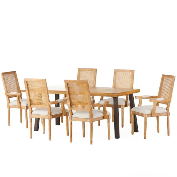 Noble House Rumbrook 7-Piece Natural and Beige Wood Dining Set