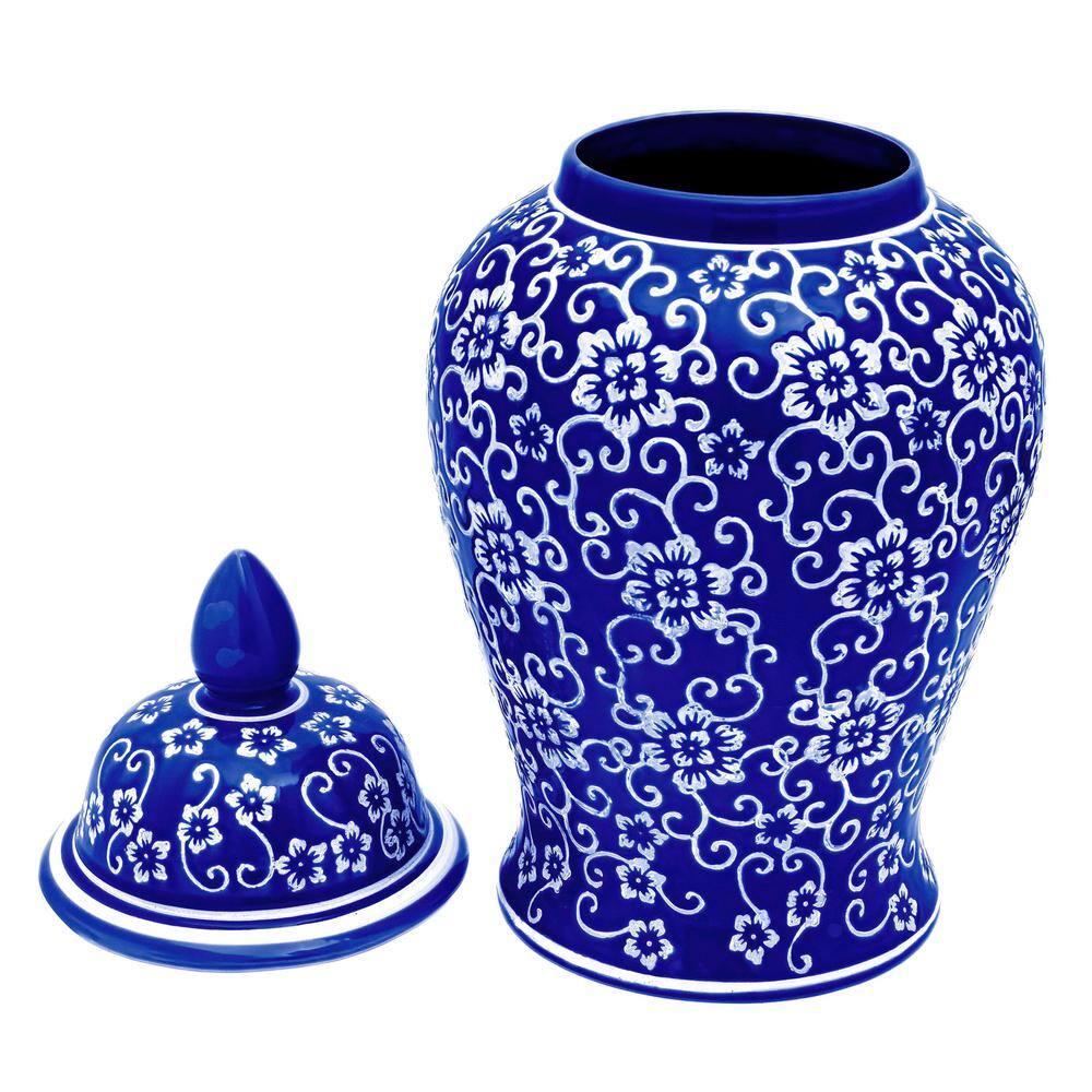 18-Inch Blue and White Floral Porcelain Temple Jar