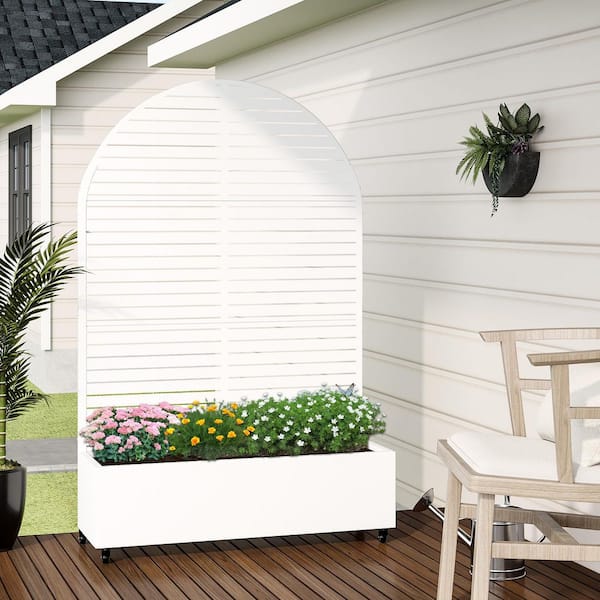 72 in. H x 47 in. W Arch White Outdoor Metal Privacy Screen Planter Box Wall Decor in Louvered Pattern