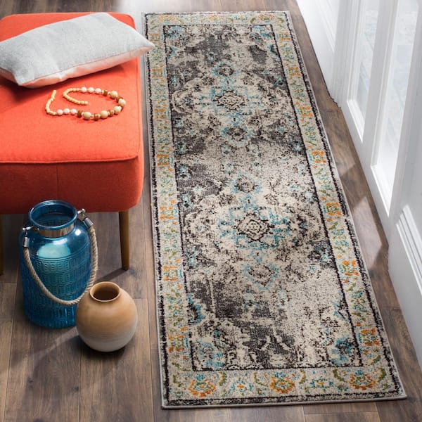 Monaco 2 ft. x 16 ft. Gray/Light BlueBorder Runner Rug