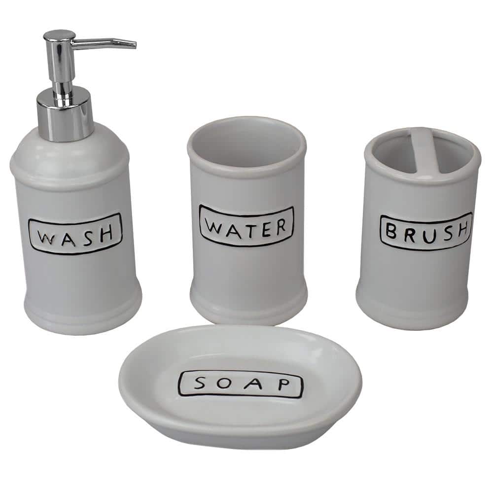 White Ceramic 4-Piece Bathroom Accessory Set with Black Lettering