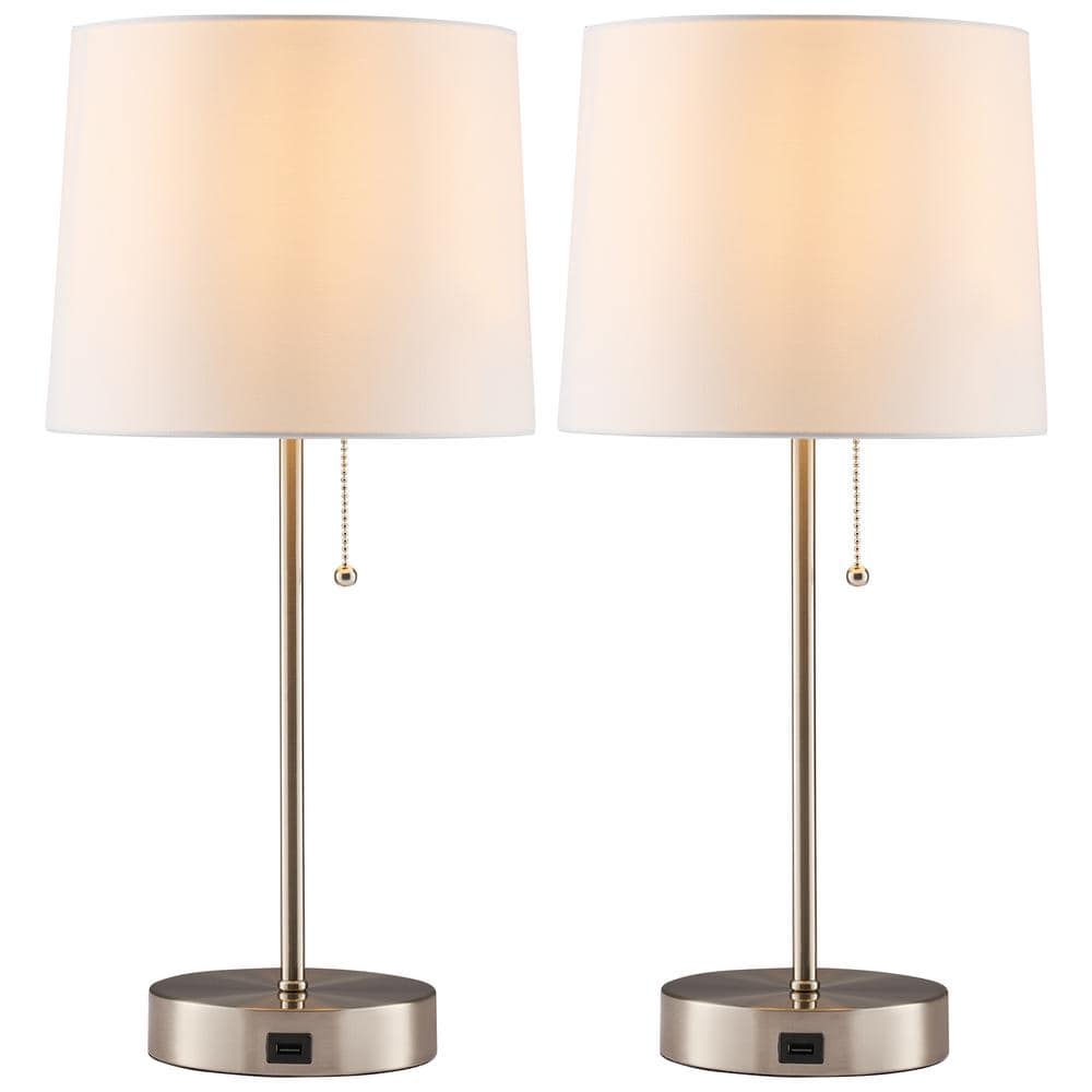 Brushed Nickel Table Lamp Set with White Fabric Shade