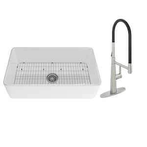 White Fireclay 33 in. Single Bowl Farmhouse Apron Kitchen Sink with Sprayer Kitchen Faucet and Accessories