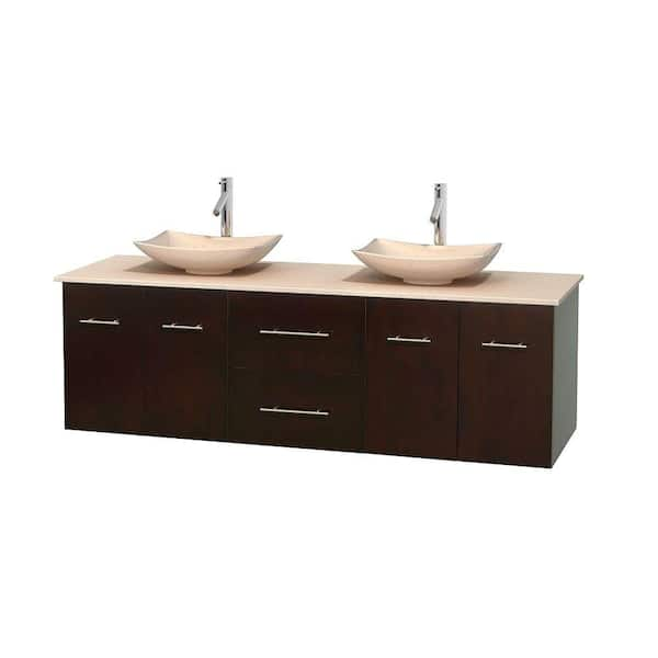 Wyndham Collection Centra 72 in. Double Vanity in Espresso with Marble Vanity Top in Ivory and Sinks