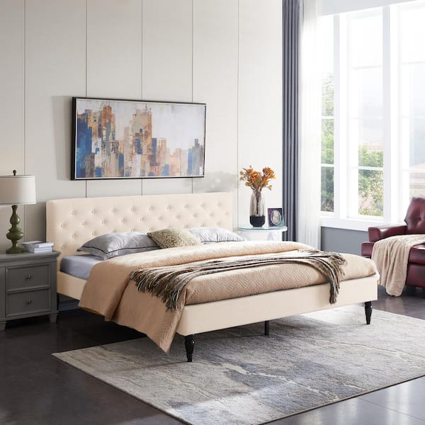 Noble House Atterbury Beige Upholstered King Bed Frame