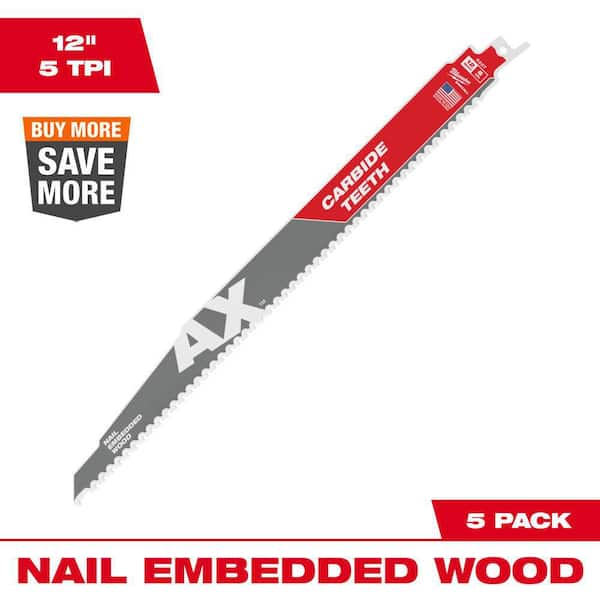 Milwaukee 12 in. 5 TPI AX Carbide Teeth Demolition Nail-Embedded Wood ...