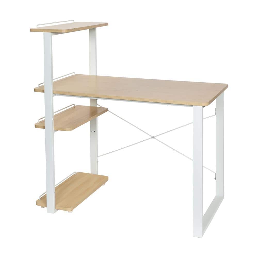 White Wood Home Office Desk with Adjustable Shelves