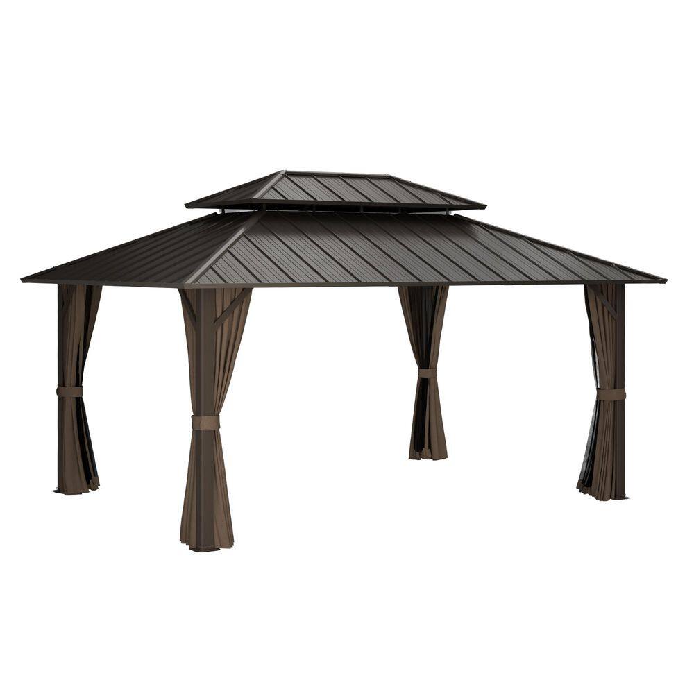 12 ft. x 16 ft. Brown Metal Double-Roof Hardtop Metal Patio Gazebo with Integrated Netting and Adjustable Curtains price history on PriceWatchPro
