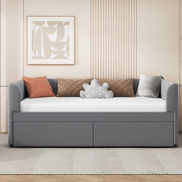 Gray Twin Size Daybed with Ergonomic Design Backrest and 2-Drawers