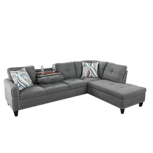 103.50 in. W Round Arm 2-piece Linen L Shaped Modern Right Facing Sectional Sofa Set in Gray w/Drop Down Table