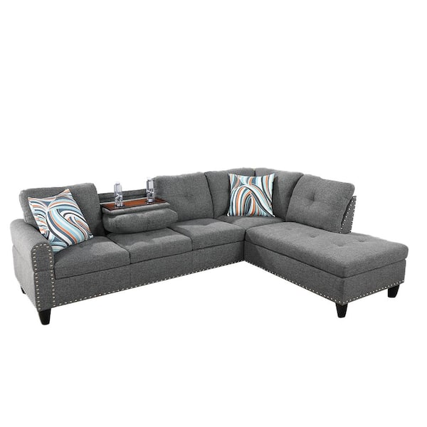 Star Home Living 103.50 in. W Round Arm 2-piece Linen L Shaped Modern Right Facing Sectional Sofa Set in Gray w/Drop Down Table