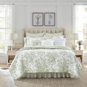 Bramble Floral 3-Pcs Green Cotton King Quilt-Sham Set