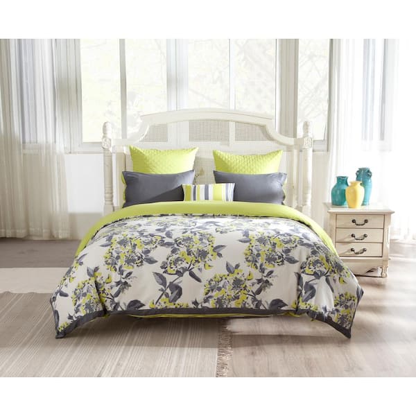 Kensie Etta Full/Queen Duvet Set Cotton Canvas Fabric in Grey-Citrus Green