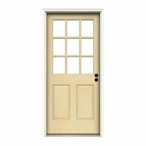 36 in. x 80 in. 9 Lite Unfinished Wood Prehung Left-Hand Inswing Back Door w/Primed Rot Resistant Jamb and Brickmould