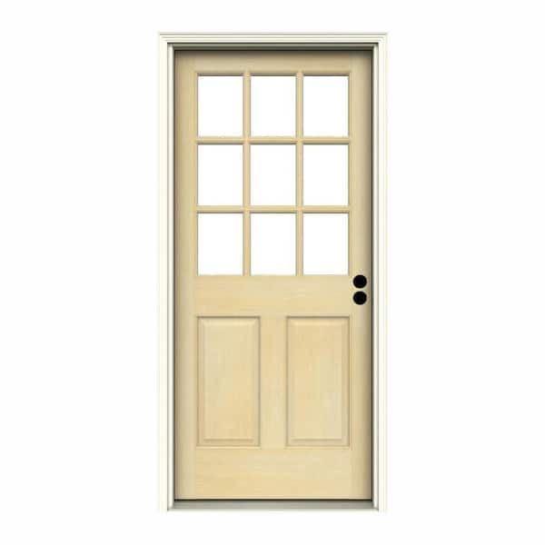 36 in. x 80 in. 9 Lite Unfinished Wood Prehung Left-Hand Inswing Entry Door w/Primed Rot Resistant Jamb and Brickmould