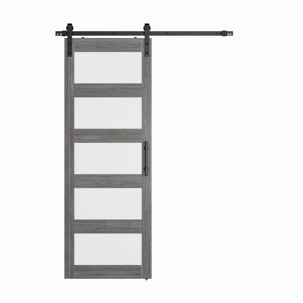 30 in. x 84 in. 5 Frosted Glass Gray PVC Surface MDF Sliding Barn Door with