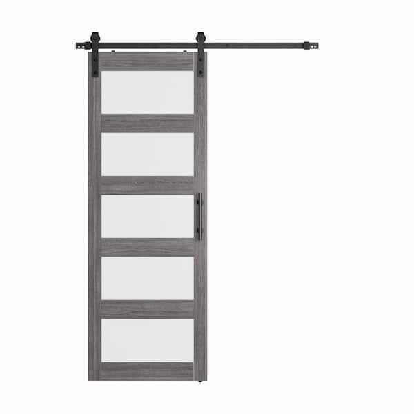 SANDING 30 in. x 84 in. 5 Frosted Glass Gray PVC Surface MDF Sliding Barn Door with Hardware Kit