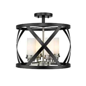 Malcalester 15 in. 4-Light Matte Black and Brushed Nickel Semi Flush Mount with White Glass Shade