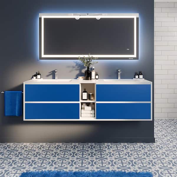 Vienna 75 in. Double Sink Floating Blue Bath Vanity with White Acrylic Top (Assembled)