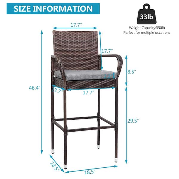 VINGLI 29.5 in. Seat Height Wicker Outdoor Bar Stool with Gray 
