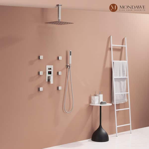 LED Display 3 Spray Patterns 12in. Ceiling Mount Fixed and Handheld Shower Head in Brushed Nickel 2.5 GPM Valve Included