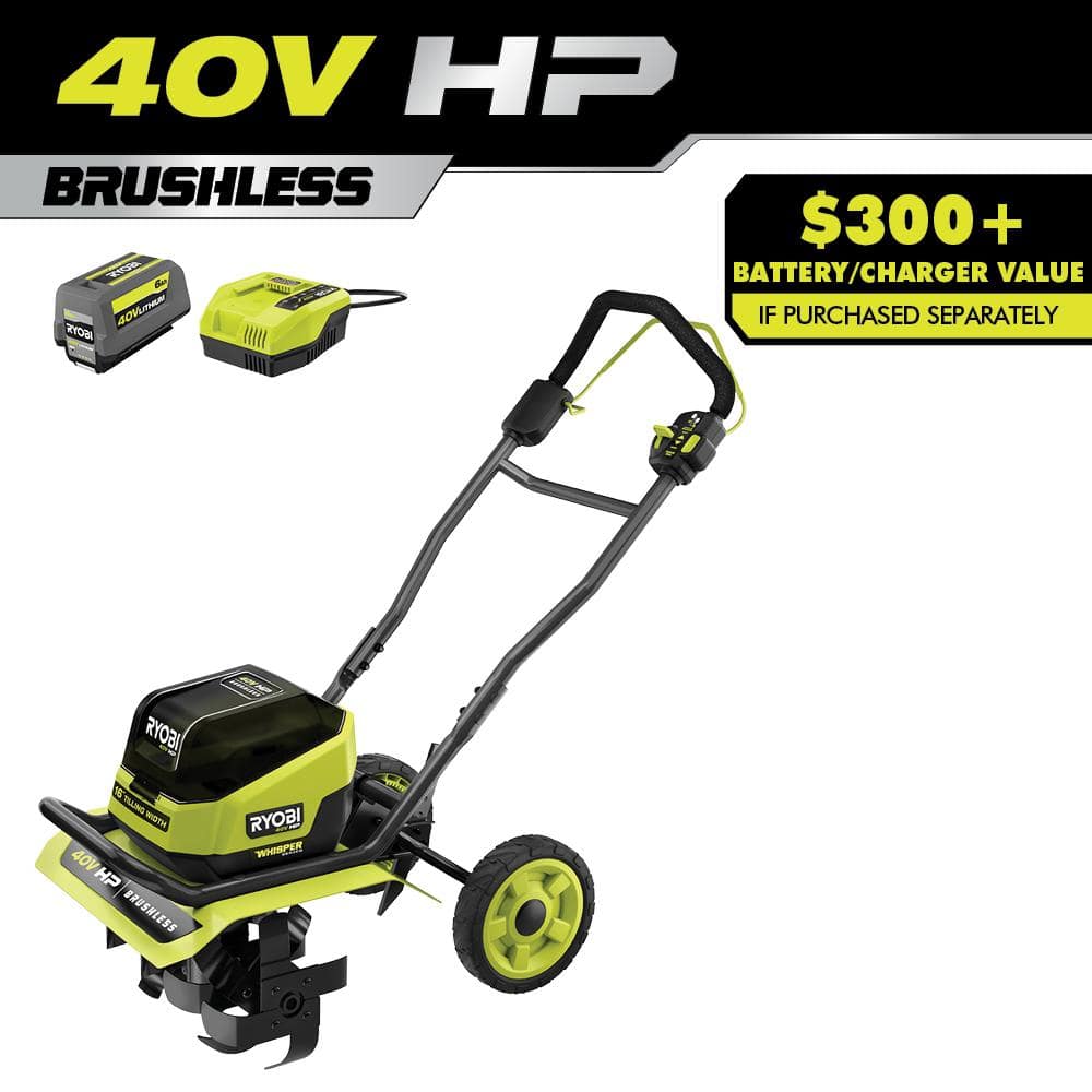 RYOBI 40V HP Brushless 16 in. Front Tine Tiller with Adjustable Tilling Width with 6.0 Ah Battery and Quick Charger -  RY40730