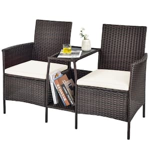 Brown 1-Piece Wicker Patio Conversation Set Seat Sofa Loveseat Glass Table Chair with White Cushions