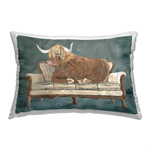 Stupell Industries Highland Cow on Couch Green Rectangular Outdoor Throw Pillow