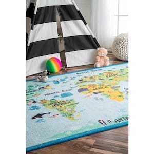 Animal World Map Playmat Baby Blue 3 ft. x 5 ft. Area Rug