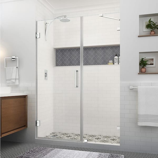 Aston Nautis XL 56.25 in. to 57.25 in. W x 80 in. H Hinged Frameless Shower Door in Polished Chrome w/Clear StarCast Glass