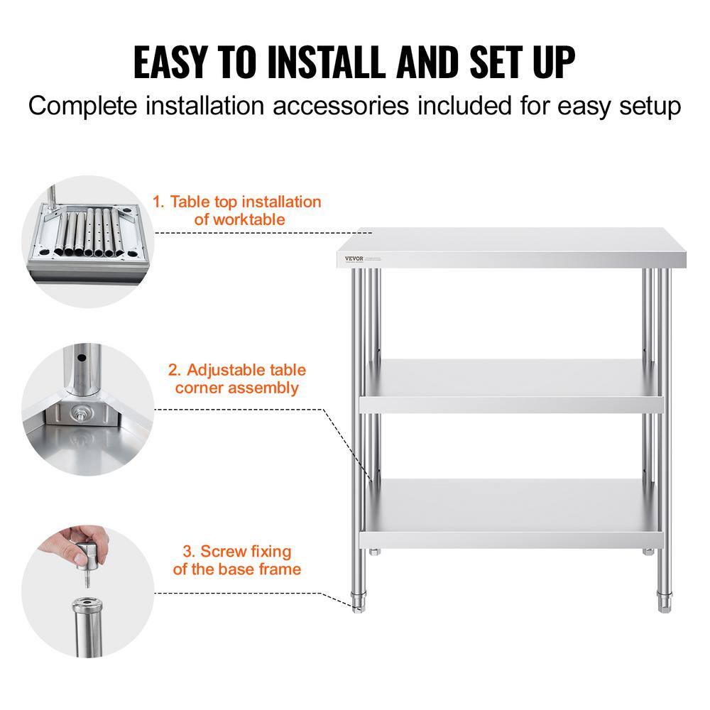 VEVOR 18 x 36 x 34 Inch Stainless Steel Kitchen Work Table with Adjustable Shelves