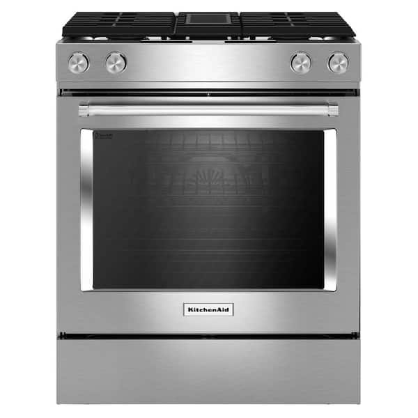 KitchenAid 6.4 cu. ft. Downdraft Slide-In Dual Fuel Range with Self-Cleaning Convection Oven in Stainless Steel