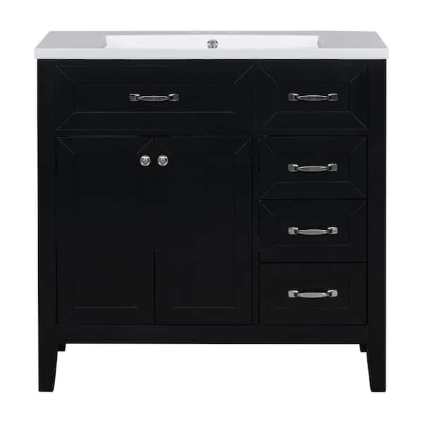 30 in. W x 18.03 in. D x 35.98 in. H Bathroom Vanity with Single Sink and White Ceramic Top, Doors and Drawer, Black