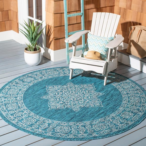 Courtyard Teal/Ivory 7 ft. x 7 ft. Round Medallion Indoor/Outdoor Patio  Area Rug